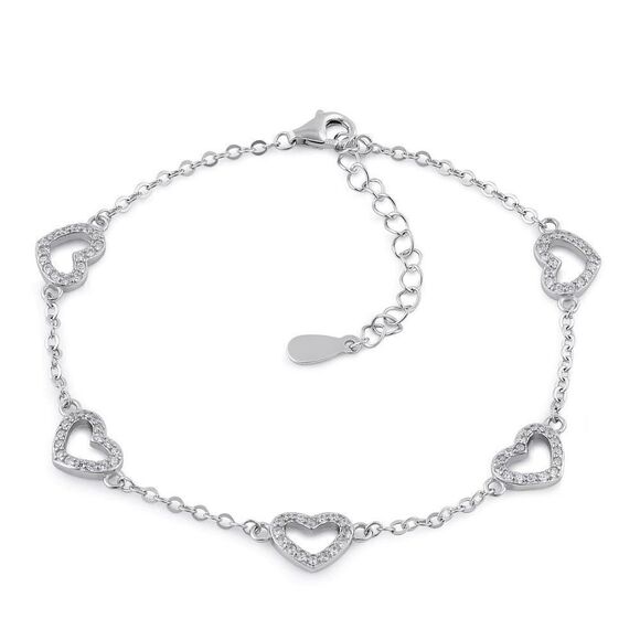 Sterling Silver Clear CZ Heart Charm Bracelet - Picture 1 of 4
